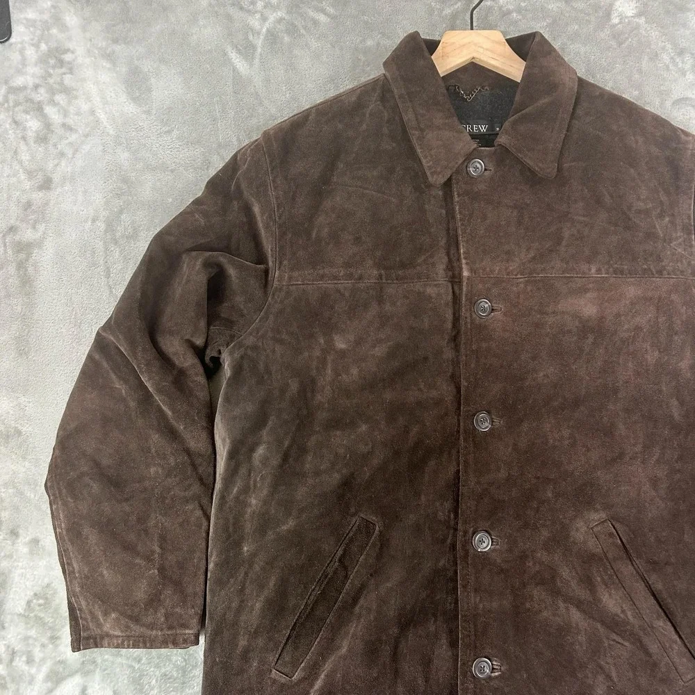 J.Crew Coat Mens Medium Brown Suede Leather Overcoat Wool Lined Single Breasted